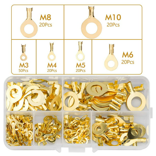 150xGold Brass Ring Terminals Cable Terminals Wire Eyes Ring Crimp Connector Kit